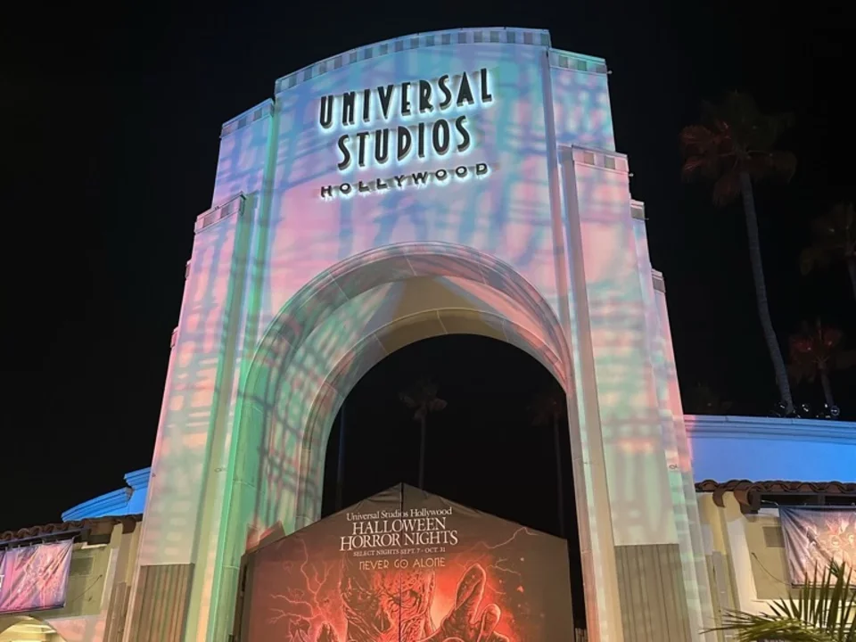 Universal Studios Hollywood Gate at night for Halloween Horror Nights.