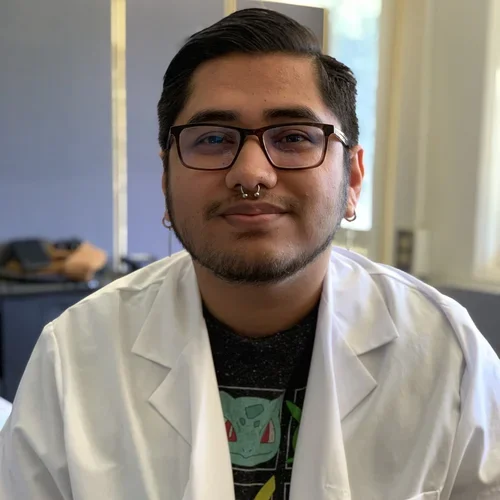 Diego Verastegui in a white lab coat. 